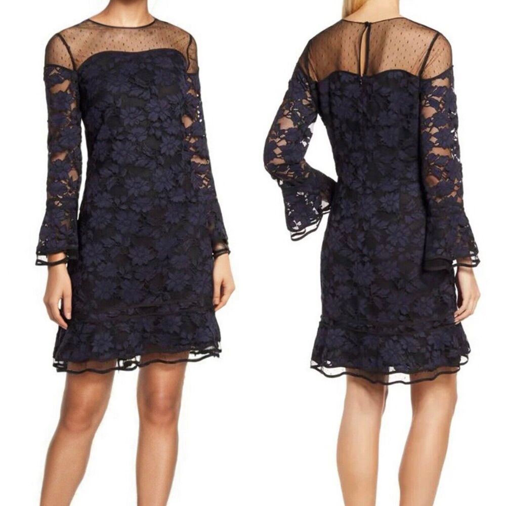 Shani Sheath Dress 4 Floral Lace Navy Blue Elegant Wedding Guest Cocktail Formal